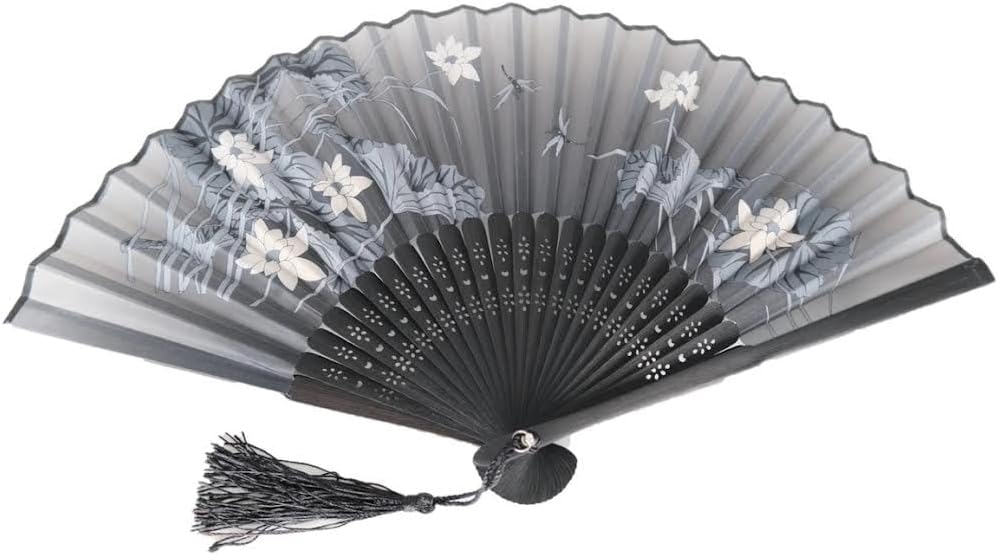 AUM Colorful Floral Pattern Hand Held Foldable Bamboo Japanese Silk Hand Fan (Black-T1) Gift Fan for Girls Women Wedding Favor Theme Party Decoration Stage Shows Dance