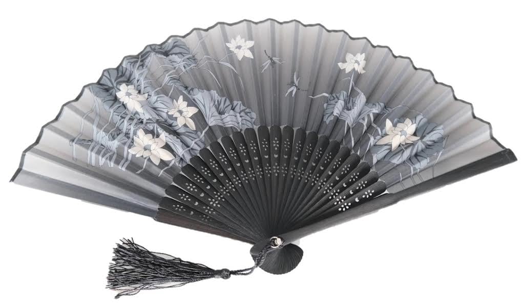 AUM Colorful Floral Pattern Hand Held Foldable Bamboo Japanese Silk Hand Fan (Black-T1) Gift Fan for Girls Women Wedding Favor Theme Party Decoration Stage Shows Dance
