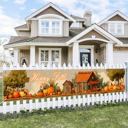 Happy Fall Banner Çiftlik Evi 350 x 60 cm Rustik Köy Çiftliği Süslemeleri Sonbahar Şükran Günü Dekoru için Kabak Yaması ve Ahır Sahnesi