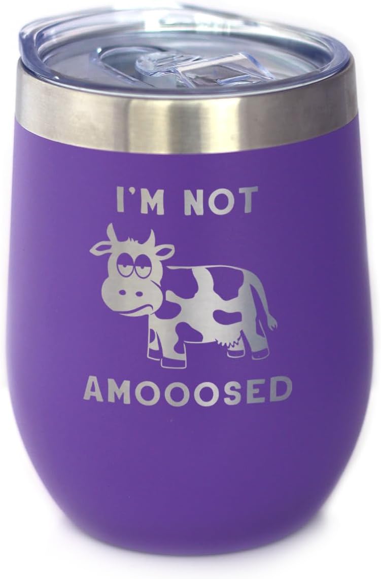Bevvee Not Amooosed - Wine Tumbler Glass with Sliding Lid - Stainless Steel Insulated Mug - Funny Cow Themed Decor and Gifts - Pink