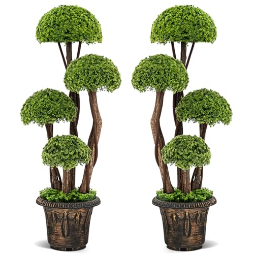 DORTALA 3FT Artificial Cypress Topiary Tree Set of 2, Tall Ball Fake Boxwood Topiary Tree, Decorative Indoor Outdoor Topiaries Plant with Golden Cement Pot for Front Door, Entrance, Office