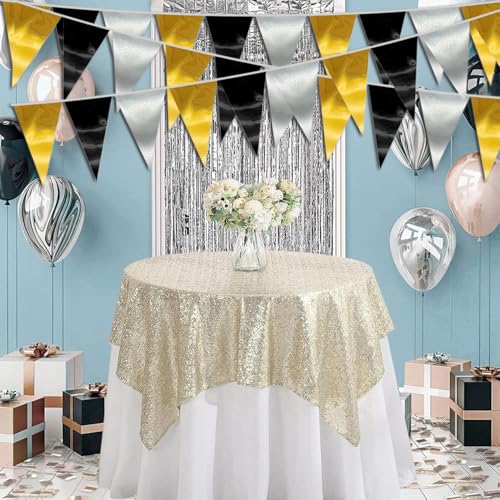 Image of 40M /130FT Black Gold Silver Triangle Pennant Banner Flag Metallic Fabric Bunting Garland for Christmas Wall Hanging,Graduation Decorations, New Years Decorations,Father' Da