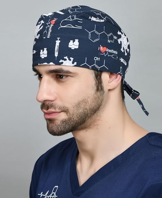 Anaesthesist Scrub Cap Dark Blue Pure Cotton Designed Head Wrap Hats for Medical Staff & Doctors, Unisex Scrub Cap