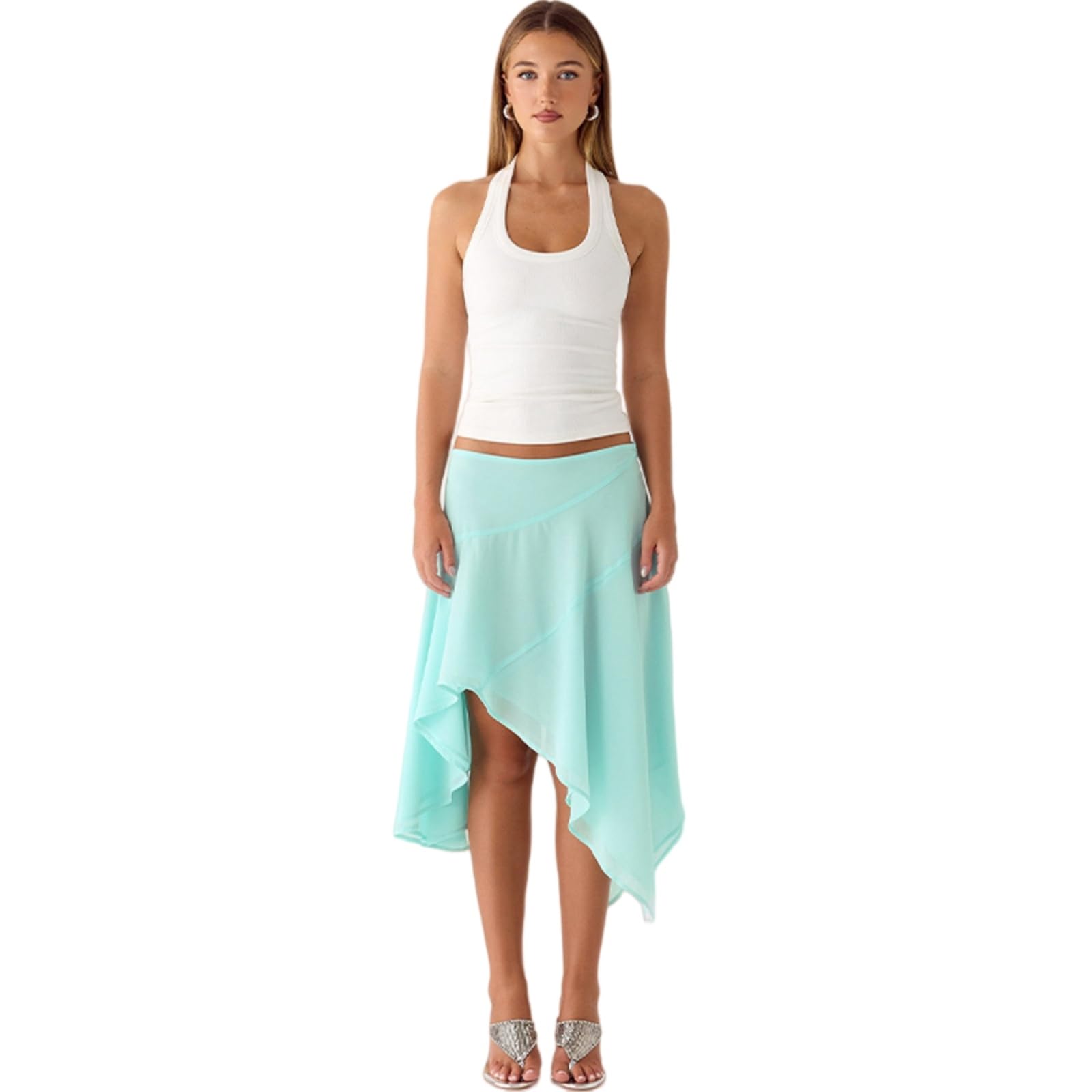 Minigonna Alta Vita Donne Asimmetrica Hem Midi Gonna Ruffle A-Line Fluid Elegante Casual Vacanze Estive Stile Chic-Emerald Green-l