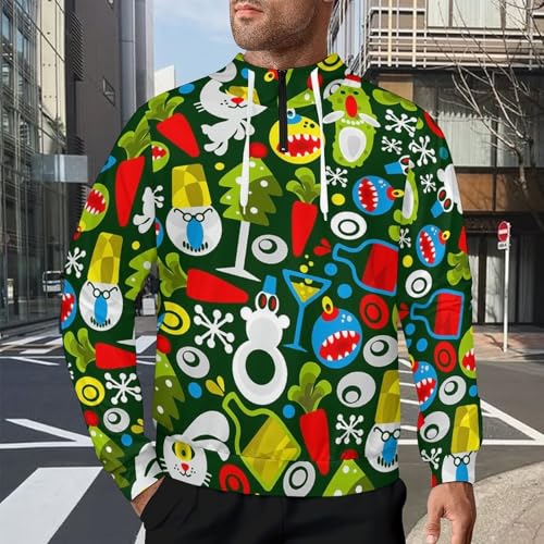 Christmas Green Monster Men's Quarter Zip Drawstring Hoodies Long Sleeve Sweatshirt Casual Pullover2