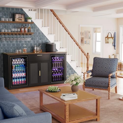 GDLF Long Coffee Bar Cabinet with Fridge Space, Modern Wine Liquor Cabinet with Storage & Power Outlet, Buffet Sideboard with Fluted Doors for Home, 70.1 Inch, Black