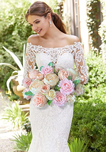 Roses Artificial Flowers Pink Silk Peonies Bulk For Diy Wedding Bouquet Bridal Shower Decorations Fake Floral Arrangements Faux Flower Centerpieces For Table Home Decor Indoor Peach Blush Box 20Pcs #TOP1