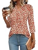 IECCP Spring Tops for Women Business Casual Henley V-Neck Work Blouses Dressy Pleated Tunics Summer Tops Soft Basic Tees (Red Fragments Floral,L)