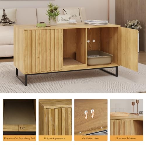 Cat Litter Box Enclosure for 2 Cats, 47.6’’ Litter Box Furniture Hidden with Scratch Pad, Double Room Large Cat Cabinet, Indoor Pet House TV Stand Side Table,Cats Washroom, Natural