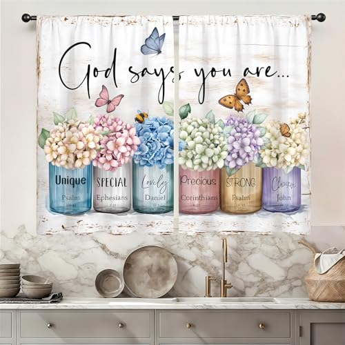 Famiffty Hydrangea Religious Floral Kitchen Curtain 26W X 36L Inch 2 Panels Rod Pocket God Says You are Scripture Christian Verse Flower Butterfly Small Short Cafe Tier Window Drape Bathroom Decor