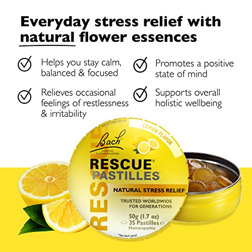 Bach Rescue Pastilles, Lemon Flavor, Natural Stress Relief Lozenges, Homeopathic Flower Essence, Vegetarian, Gluten & Sugar-Free, 35 Count #TOP1