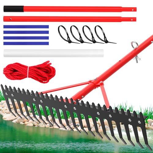 Extra Large Aquatic Weed Rake Heavy Duty Aluminum Pond Rake with 6 Metals Long Tines 37 Double Sided Floating Lake Harrow 11 Pole for Removal of Weeds Leaves & Floating Scum( Patents Pending)
