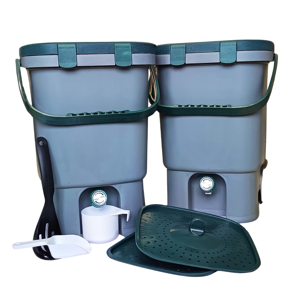 Bokashi Doppel-Kompostbehälter-Set, 2 x 15 l Kompostierbehälter für den Innenbereich, komplett mit integrierten Easy Twist Armaturen, geruchlosen, luftdichten Deckeln und Zubehör