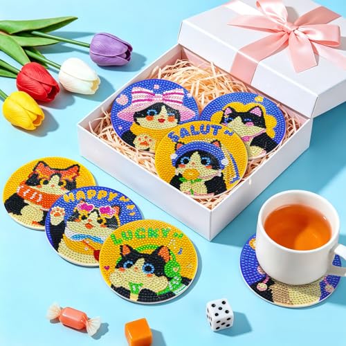 Image of ZTOTZ Diamond Art Coasters Kit with Holder, Cute Cat Theme, 8 Pcs, Round, 3.9 Inch, DIY Diamond Painting Craft for Cat Lovers