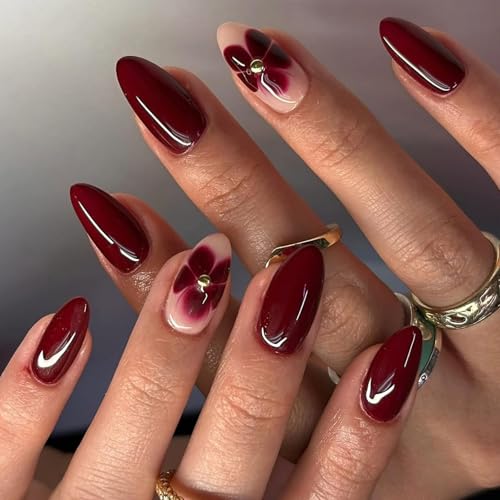 24 uñas postizas de almendra para pegar en diseños de flores, puntas francesas, falsas