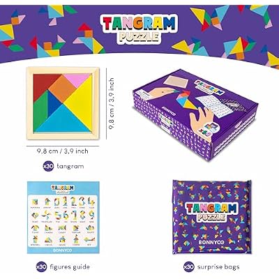 BONNYCO Tangram Puzzle Wooden Pack 30 Kids Party Favors. Goodie Bags Stuffers for Kids 3-5 4-8, Return Gifts for Birthday Party. Goody Bag Stuffers, Pinata Filler Toys Bulk. Classroom Prizes, Rewards