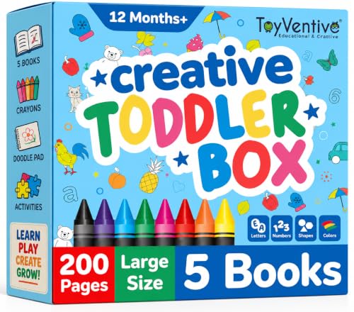 Coloring Books for Toddlers 1-3 with Large Pages & Crayons for Toddlers 1-3, Boys Coloring Book Set Featuring Letters, Numbers, Shapes, Animals & Food Activities, 2 Year Old Workbook Set in Blue Box