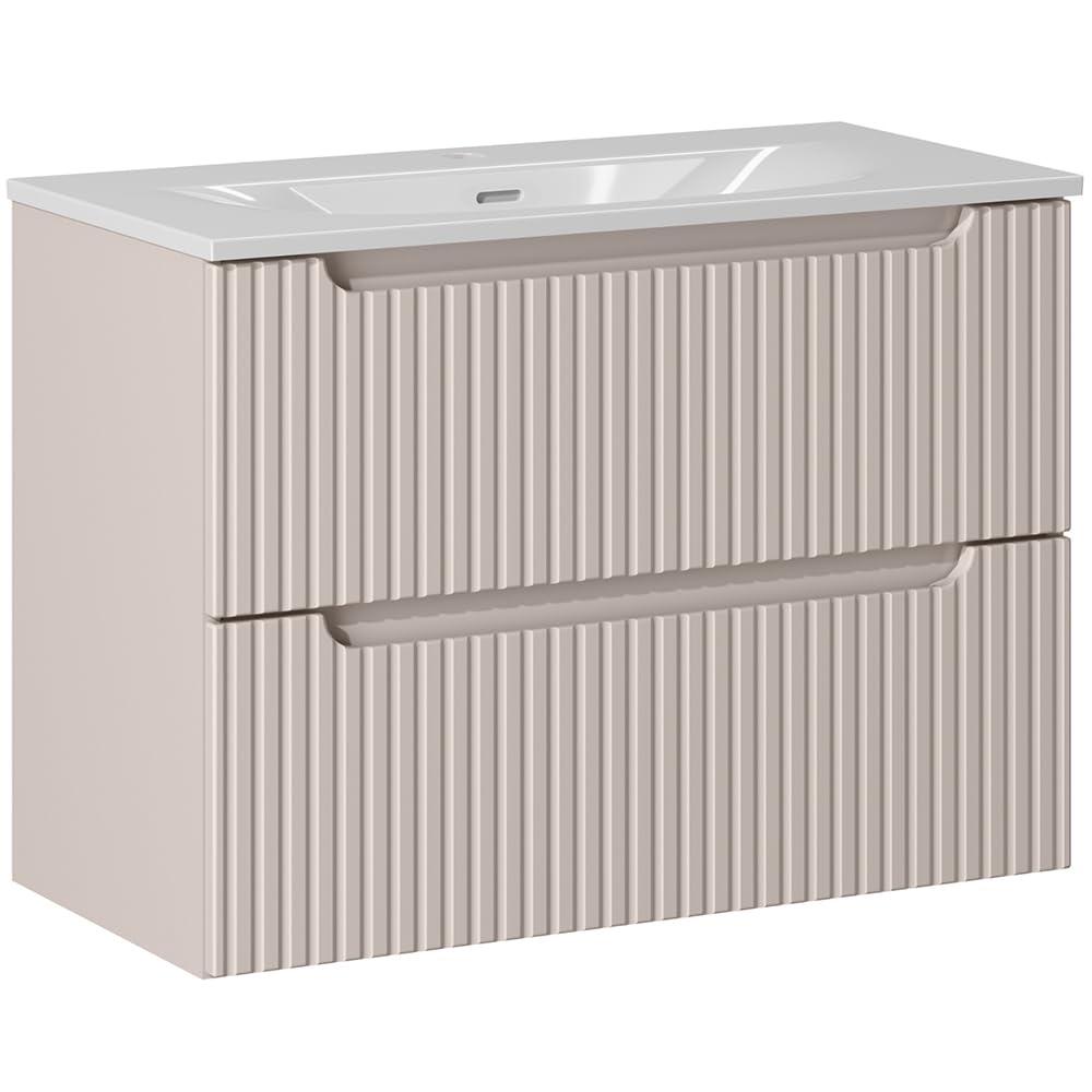 Lomadox Lavabo da bagno, 80 cm, con lavabo in ceramica, cashmere, parte anteriore scanalata