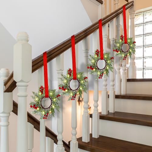 Xinnun 12 Pcs Mini Christmas Wreath for Cabinets Kitchen with LED Lights 8.66 Inch Lighted Hanging Red Small Christmas Wreaths with Berry for Kitchen Cabinet Fireplace Window Front Door Wall Decor by Xinnun - Image 4