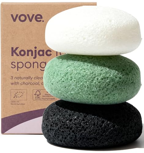 Vove | Spugna Konjac Premium Biologica | Confezione da 3 | Biodegradabile e Eco-Friendly | Carbone Attivo e Argilla Francese | Esfoliante Viso Delicato | Adatta a Tutti i Tipi di Pelle |