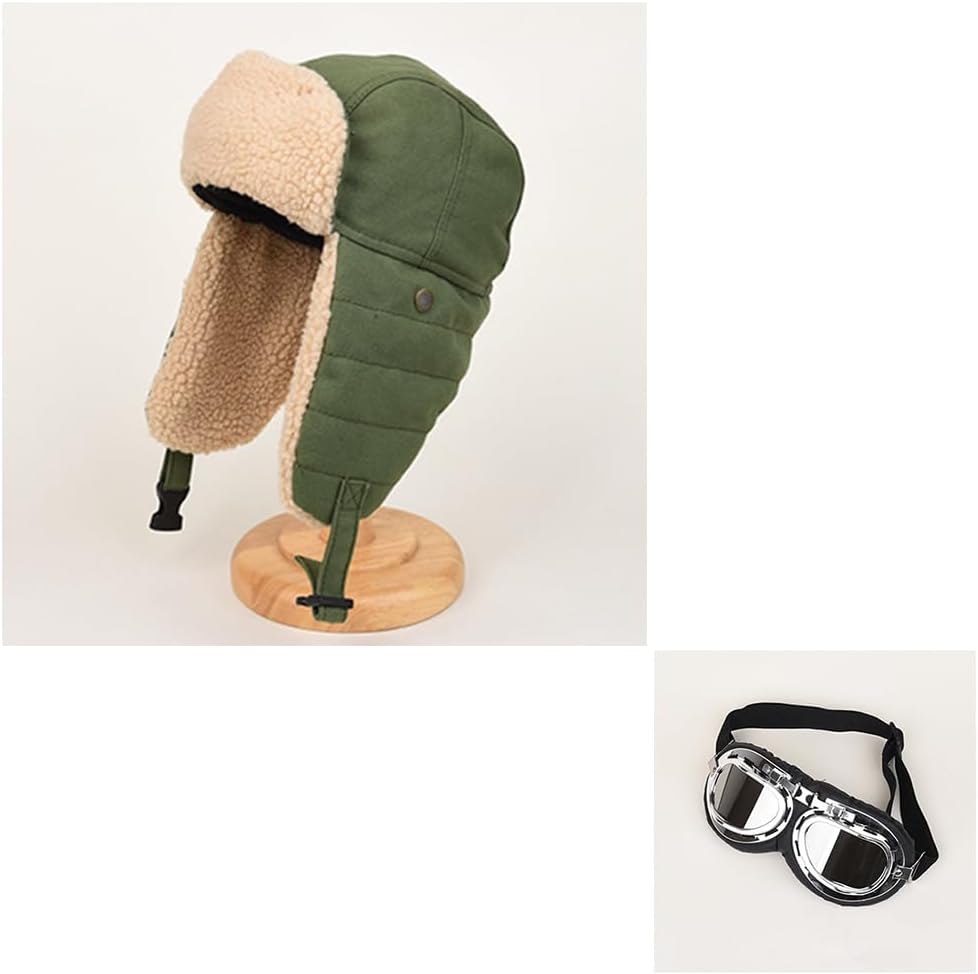 Winter Warm Aviator Hat, Unisex 3-in-1 Trapper Cap Bomber Hat with Goggles and Earmuffs for Cold Weather Outdoor