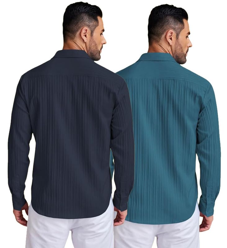 Image of DEELMO Combo of Men's Casual Button Down Shirts Long Sleeve Linen Shirt Fashion Textured Summer Shirts Pack of 2