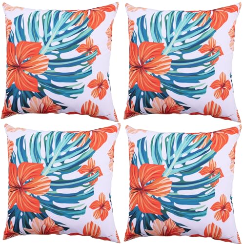 Image of Eternal Beauty Outdoor Cushion Covers Polyester 4PCS 18"x18", Waterproof Square Throw Pillow Case for Garden Furniture Sofa with Invisible Zipper, Orange flower (45cmx45cm)