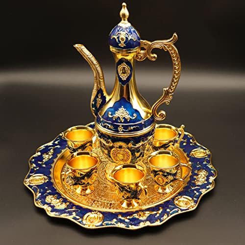Minghezhi Middle Eastern Tea Set, Large Size Turkish Coffee Cup Set with Pot (11in/17.6fl oz/500ml) Tray (12in) and 6 Cups for Birthday Christmas Mother's Day (Blue)