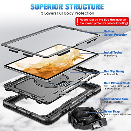 Casebot Shockproof Case For Samsung Galaxy Tab S8 Plus 2022/S7 Fe 2021/S7 Plus 2020 12.4 Inch With Screen Protector, 360° Rotating Kickstand Rugged Heavy Duty Hybrid Cover W/Hand Shoulder Strap,Black #TOP4