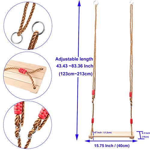 KOHAND 16 x 6 Wooden Swing, Hanging Tree Swing Seat with Adjustable Rope and Carabiner 330LBS Large Bearing Capacity for Home Backyard Garden Playing