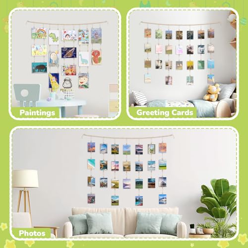 GLXVZEA Kids Art Display Wall Decor,61" Wooden Beads Garland Frame Holder with 34 Clips for Hanging Kids Artwork,Photos,Cards and Pictures,Boho Wall Art for Children's Room,Bedroom,Living Room Decor. — view 4