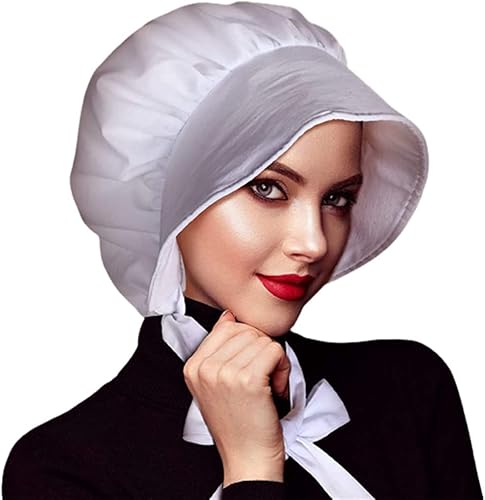 Vista 2 de Delantal de media cintura para mujer con dos bolsillos, sombrero de capó blanco, sombrero de peregrino, sombrero colonial, disfraz de cuento