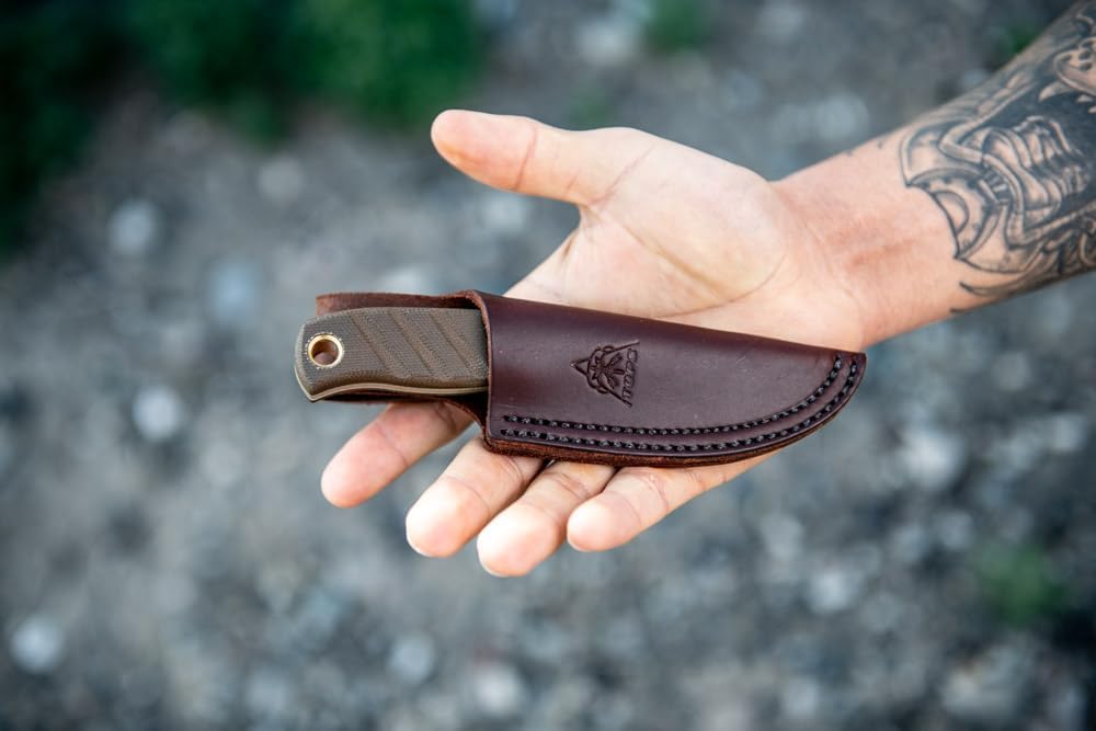 Tops Knives Baja 3.0 Full Tang Fixed Blade-Coyote Tan Coating Blade Finish- Brown Leather Sheath w/Belt Loop (Green Canvas Micarta Handle)