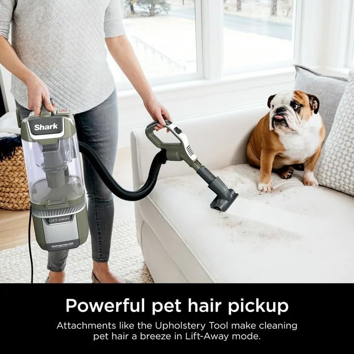 A person using the upholstery tool on a couch to pick up pet hair, with a bulldog sitting nearby.