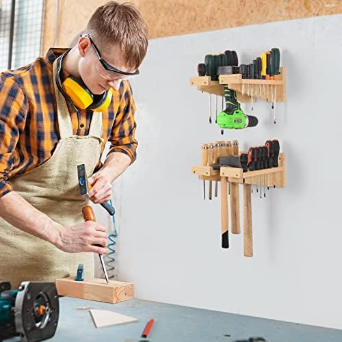 ikkle Tool Organiser Wall Mounted, Wooden Tools Storage Rack for Screwdriver Pliers Hammer and Cordless Drill, Multifunctional Utility Tools Holder for Workshop, Garage and Shed DIY Storage | 4 Pack
