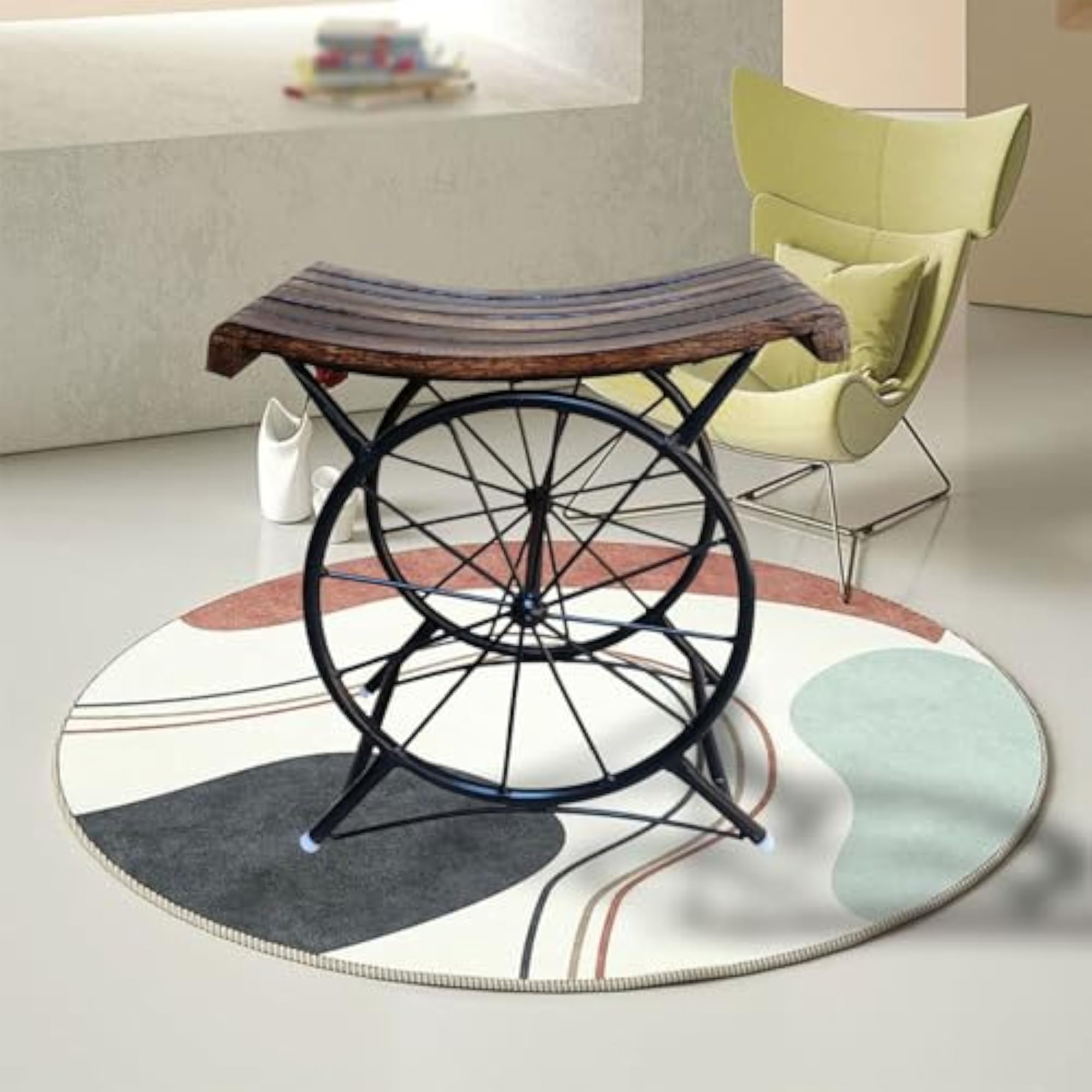 Antique Wheel Side End Table in Black & Brown with Wooden Top