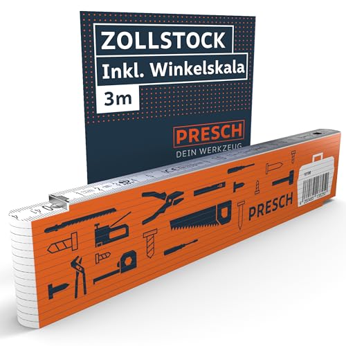 Presch Zollstock 3m mit Winkelfunktion - Holz - Orange - Große & sehr gut lesbare Zahlen - Exaktes Einrasten - Gliedermaßstab Meterstab Messstab Metermaß 3 meter Zollstock mit Werkzeugmuster