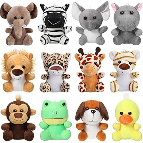 Skylety 12 Pcs Mini Safari Plush Animal Toys 3.9 Inch Cute Forest Animal Toy Deer Tiger Leopard Monkey Elephant Lion Zebra Frog Duck Puppy for Teacher Student Party Classroom Award Prizes Cover