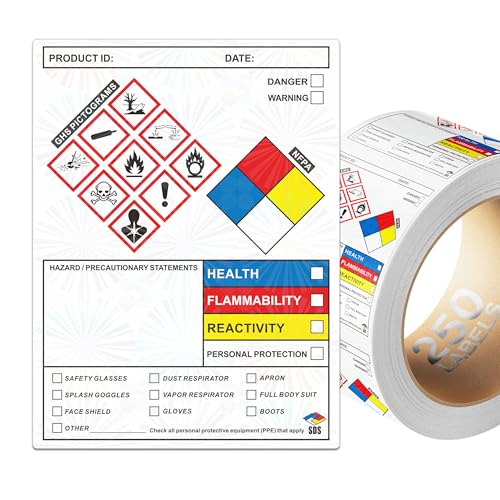 SDS Label Stickers 4 x 3 Inches, Roll of 250 MSDS OSHA Data Stickers with GHS Pictograms & Perforated Edges for Easy Separating | HMIS & Hazard Compliant | Secondary Containers for Chemical Safety
