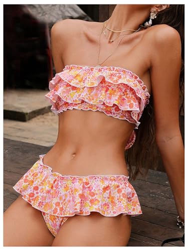 Women's 2 Piece Floral Swimsuit Ruffle Layered Bathing Suit Strapless Bandeau Bikini Sets3