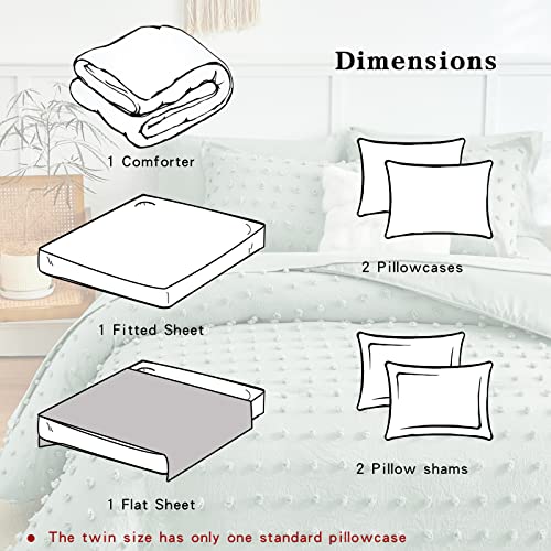 7 Pieces Tufted Dots Bed In A Bag King Comforter Set With Sheets Green , Soft And Embroidery Shabby Chic Boho Comforters, Solid Color With Pom Pom Design, Jacquard Tufts Bedding Set For All Season #TOP6