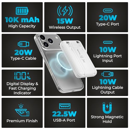 Image of Lifelong Electronics 10000mAh MagSafe Wireless Power Bank | 2 Cables - Lightning & Type C - for Wired Fast Charging | Powerbank for iPhone, iWatch and All Qi Enabled Phones & Devices | Display & Stand