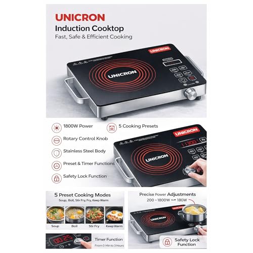 Image of UNICRON PIRC 1.0 2000 Watts Infrared Cooktop | Preset Indian Menu Options & Timer | Compatible With Any Metal Cookware With Flat Bottom | Easy to clean | Portable | Golden