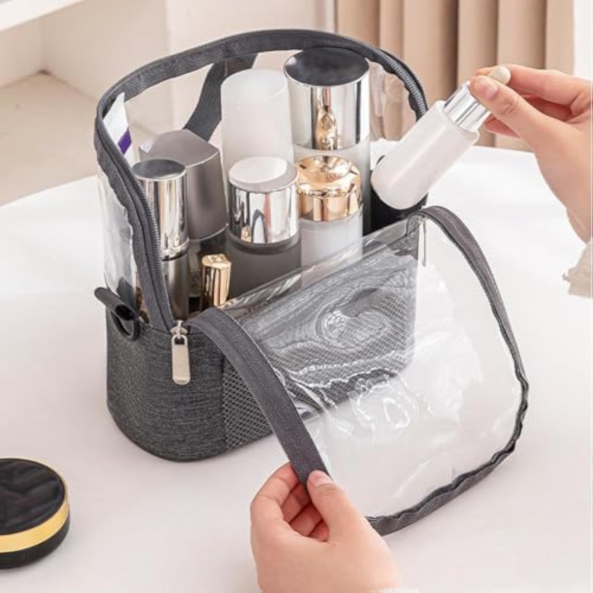 Women's Clear Travel Toiletries Makeup Wash Pouch, Gray