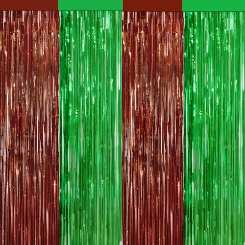 Image of 4 Packs Football Foil Fringe Curtain, Brown Green Glitter Metallic Tinsel Backdrop for Birthday, Baby Shower, Super Bowl, Football Game Day Party Decorations Supplies