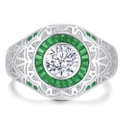 SweetJew Lab Created 1.5cttw Moissanite Stone D Color VVS1 Anniversary Wedding Band 18K White Gold Plated Silver with Green Emerald 5A Cz Stones Engagement Ring for Men Size 8