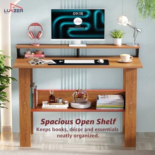 Image of Lukzer Study Table with Monitor Riser & Open Book Shelf (MST-004 /Oak Brown) Engineered Wood Computer Table for Laptop, PC & Home Office, DIY Office Desk with Storage Organizer Shelf (90 x 86 x 50cm)