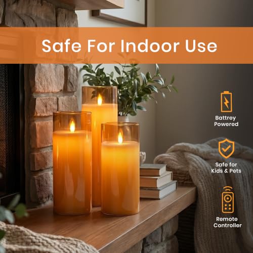 Image of LTETTES Real Wax Led Candle with Glass Cup | Flameless Flickering Wick | Amber Glass Finish | Battery Operated with Remote Controller | Decorative Candle for Home, Festival & Gifting | D-3 inch x H-8 inch