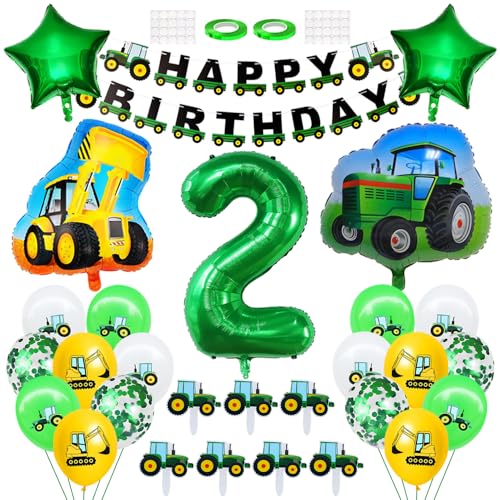 2nd Geburtstags Deko Jahre Junge Traktor Geburtstag Dekoration Bagger Ballon Deko Cake Topper Trecker Happy Birthday Banner Luftballon Zahl 2. Geburtstagsdeko für Babydusche Jungen Party Dekoration