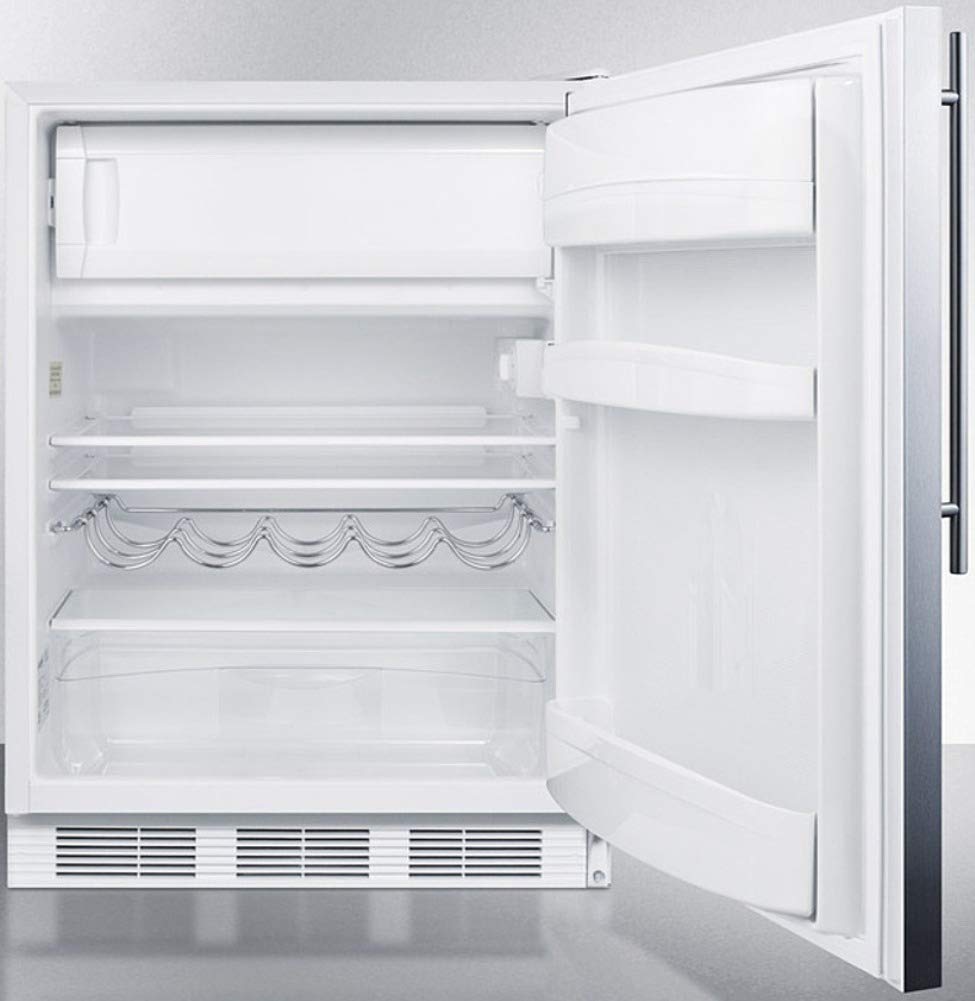 Summit Appliance CT661WSSHVADA 24" Wide Refrigerator-Freezer, ADA Compliant; Cycle Defrost; Stainless Steel Door; Professional Thin Handle; Adjustable Glass Shelves; Wine Shelf; White Cabinet on Fridge.com